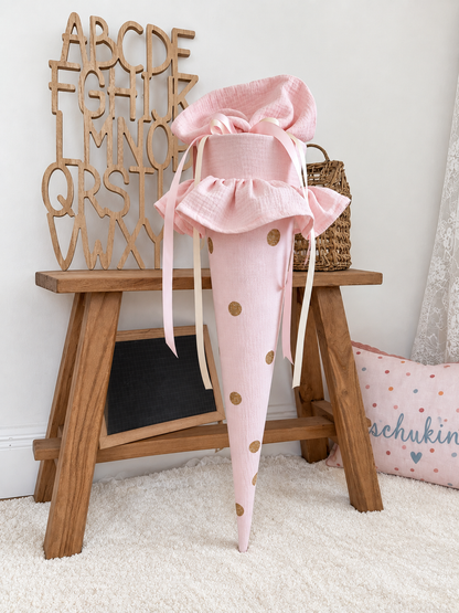 Musselin Schultüte 70 cm, individuelle Farbwahl mit Punkten und Rüsche, optional– personalisierbar und mit Kissen