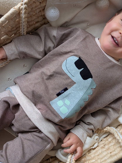 Oversized Kinder Sweater aus Sommersweat mit Dino Applikationen, Pullover für Jungen