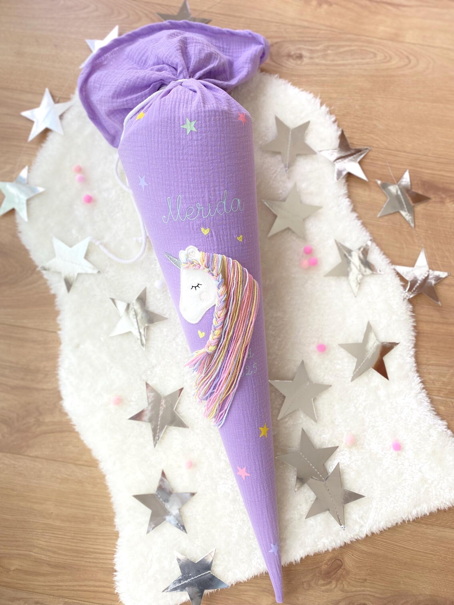 Musselin Schultüte 70 cm für Mädchen – Einhorn mit Regenbogenmähne in Pastellfarben