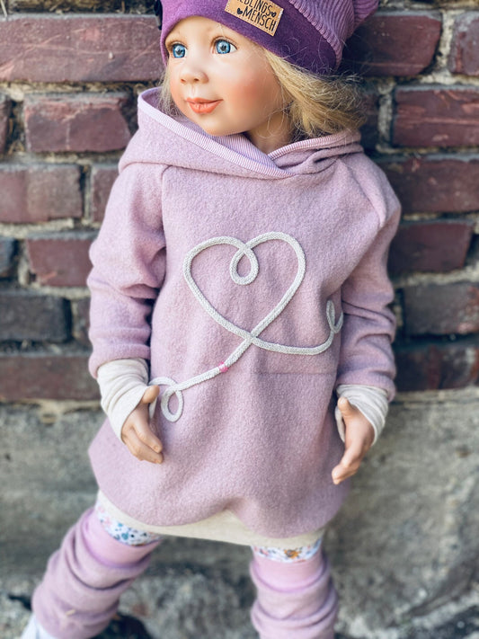 Wollwalk Hoodie | Kordel Herz | 100% Schurwolle Schafwolle