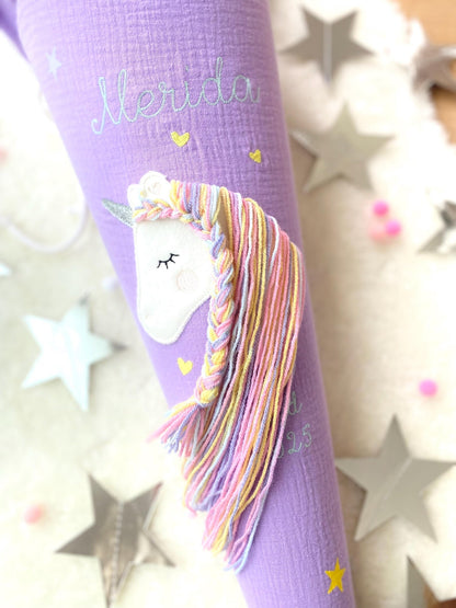 Musselin Schultüte 70 cm für Mädchen – Einhorn mit Regenbogenmähne in Pastellfarben