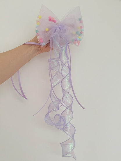 Pompon-Tüllschleife, Flieder mit Holoband, Schleife passend für Schultüten ab 70 cm, Kita- & Geschwistertüten ab 35 cm