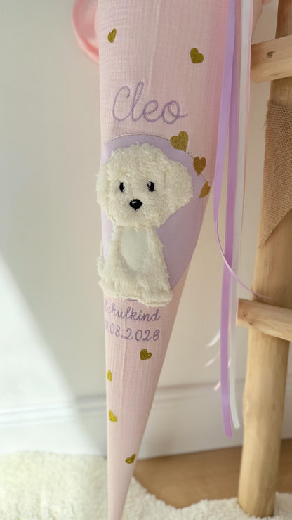Musselin Schultüte für Mädchen 70 cm mit weißem Hund, Welpe zur Einschulung mit Kisseninlett
