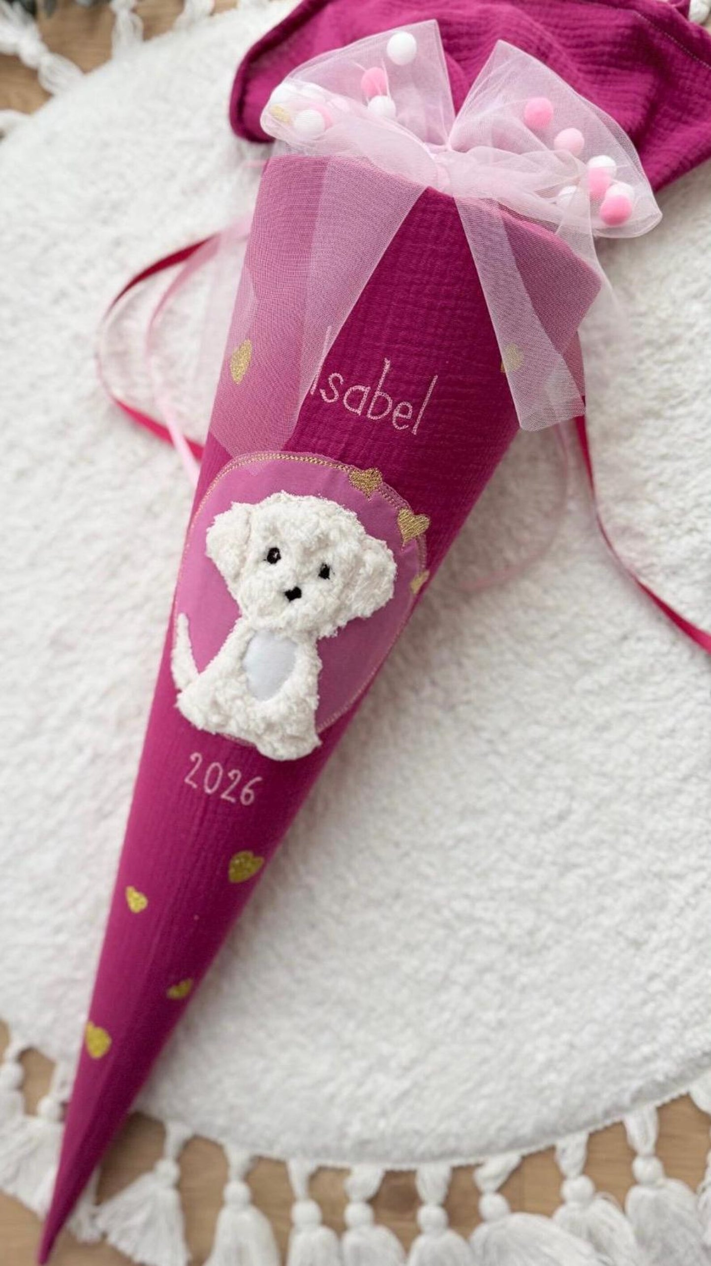 Musselin Schultüte 70 cm, Weißer Hund Welpe inklusive Pompon-Tüllschleife optional Kissen-Inlett