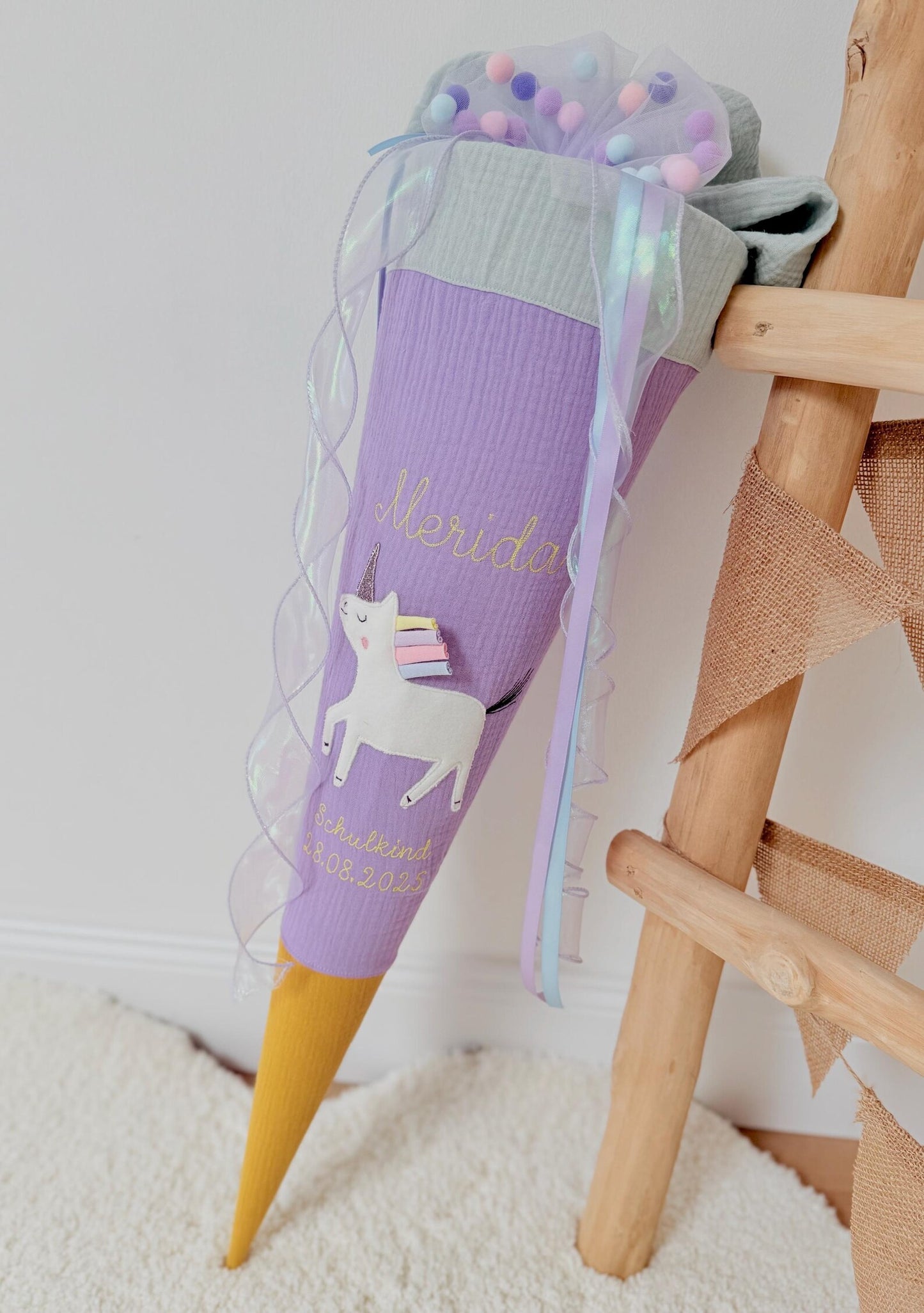Flieder/Rosa Tüllschleife - Pompon Schleife für Schultüte (70 cm), Kita- & Geschwistertüten (35 cm)