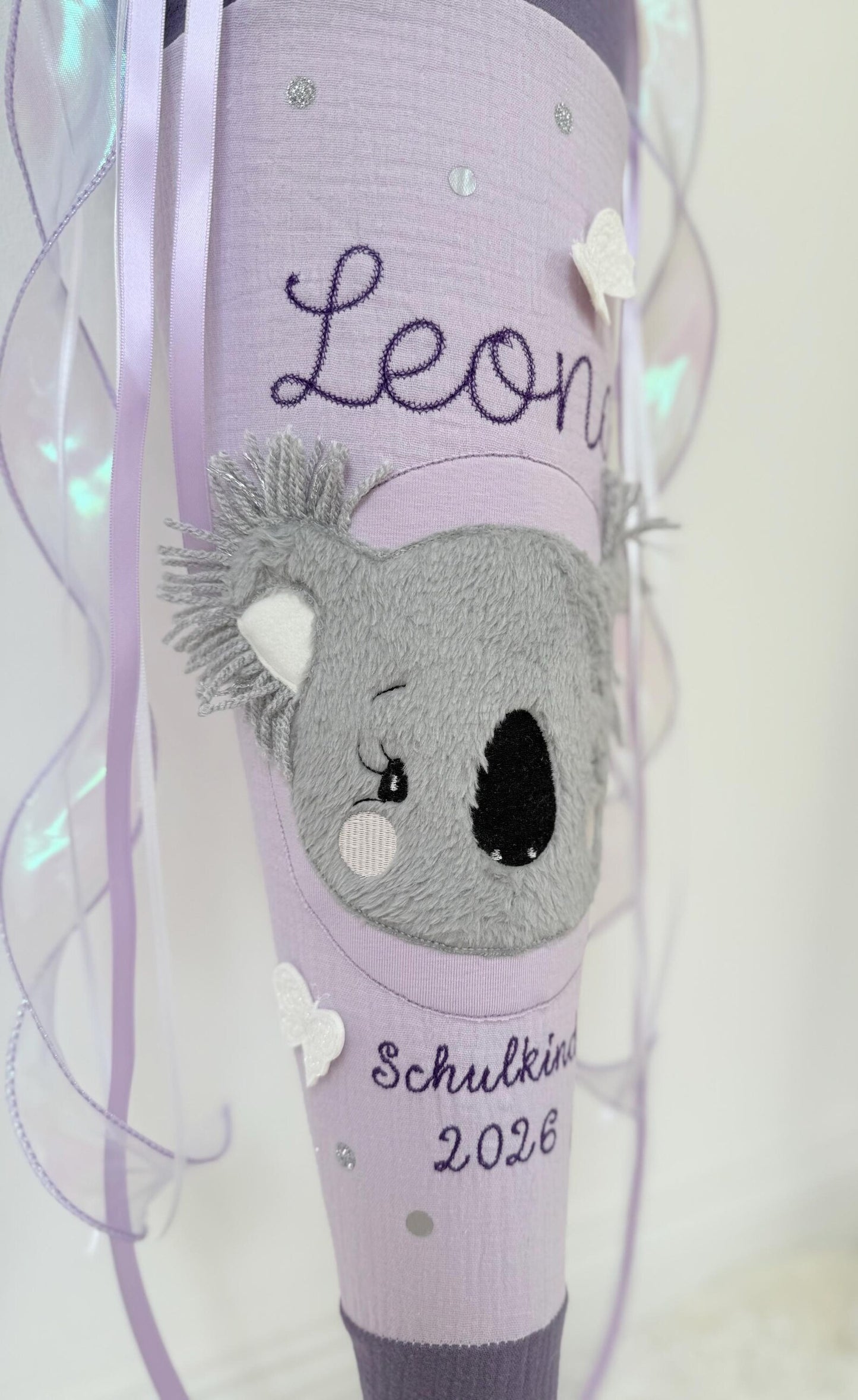 Musselin Schultüte für Mädchen 70cm, Koala mit Schmetterlingen – personalisiert inkl. Rohling optional mit Inlett Kissen | Schultüte aus Stoff