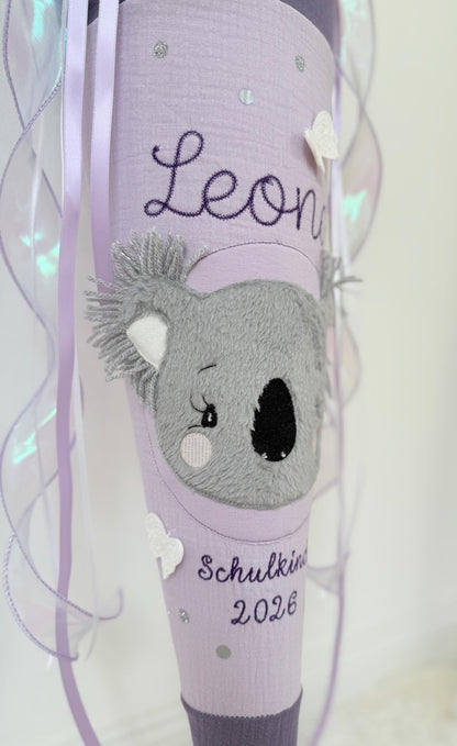Musselin Schultüte für Mädchen 70cm, Koala mit Schmetterlingen – personalisiert inkl. Rohling optional mit Inlett Kissen | Schultüte aus Stoff