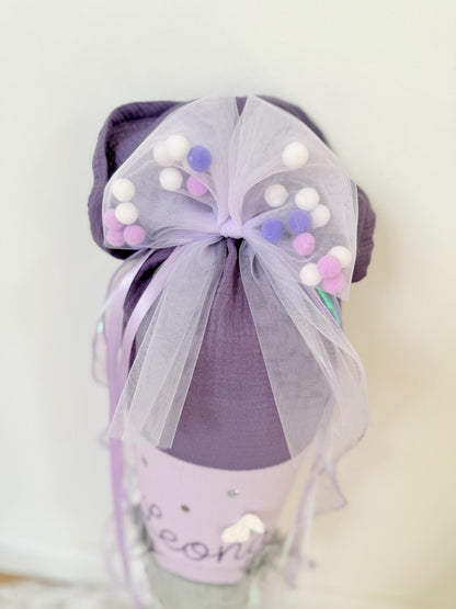 Musselin Schultüte für Mädchen 70cm, Koala mit Schmetterlingen – personalisiert inkl. Rohling optional mit Inlett Kissen | Schultüte aus Stoff