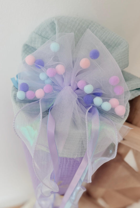 Flieder/Rosa Tüllschleife - Pompon Schleife für Schultüte (70 cm), Kita- & Geschwistertüten (35 cm)