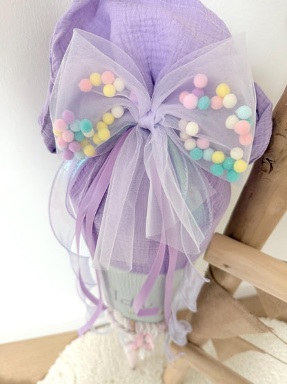 Pompon-Tüllschleife, Flieder mit Holoband, Schleife passend für Schultüten ab 70 cm, Kita- & Geschwistertüten ab 35 cm