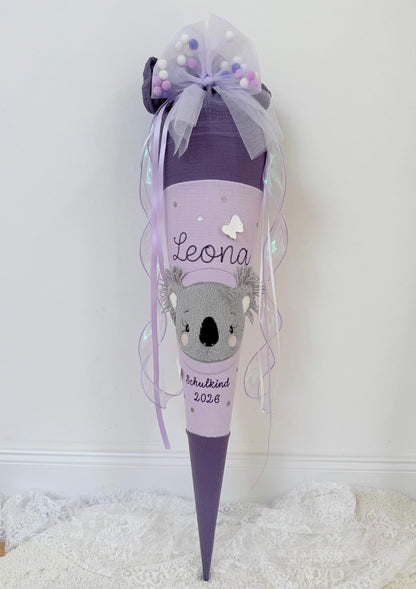 Musselin Schultüte für Mädchen 70cm, Koala mit Schmetterlingen – personalisiert inkl. Rohling optional mit Inlett Kissen | Schultüte aus Stoff