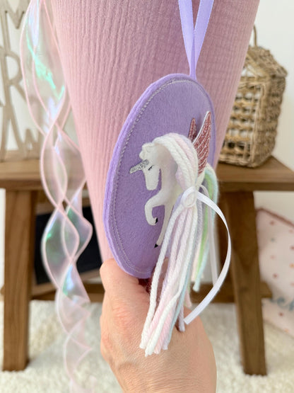 Schultütenanhänger Pegasus, Einhorn, Flieder | Anhänger für Schultüten, Schultüte Einhorn