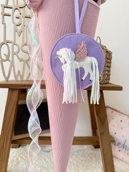 Schultütenanhänger Pegasus, Einhorn, Flieder | Anhänger für Schultüten, Schultüte Einhorn