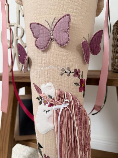 Musselin Schultüte 70 cm Vintage Design, Boho | Blumenkranz Einhorn mit Schmetterlingen | Mädchen | Einschulung
