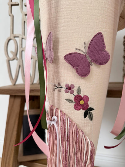 Musselin Schultüte 70 cm Vintage Design, Boho | Blumenkranz Einhorn mit Schmetterlingen | Mädchen | Einschulung