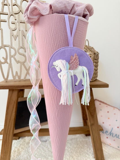 Schultütenanhänger Pegasus, Einhorn, Flieder | Anhänger für Schultüten, Schultüte Einhorn