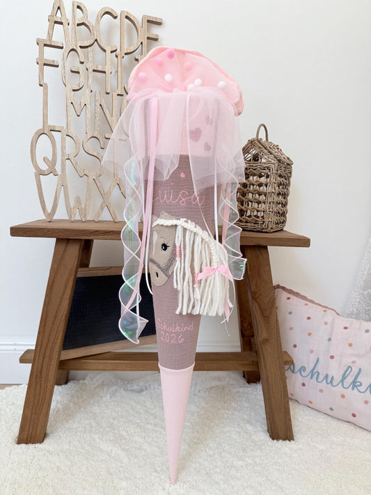 Musselin Schultüte für Mädchen mit Pferd | Haflinger – personalisiert inkl. Rohling optional mit Inlett Kissen | Schultüte aus Stoff