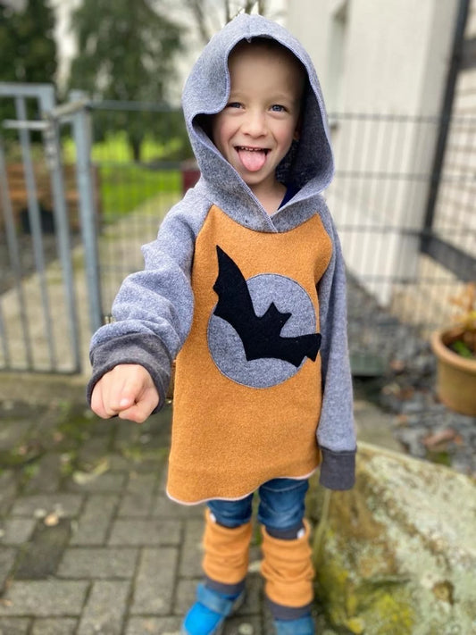 Wollwalk Hoodie| Fledermaus Vollmomd | 100% Schurwolle Schafwolle
