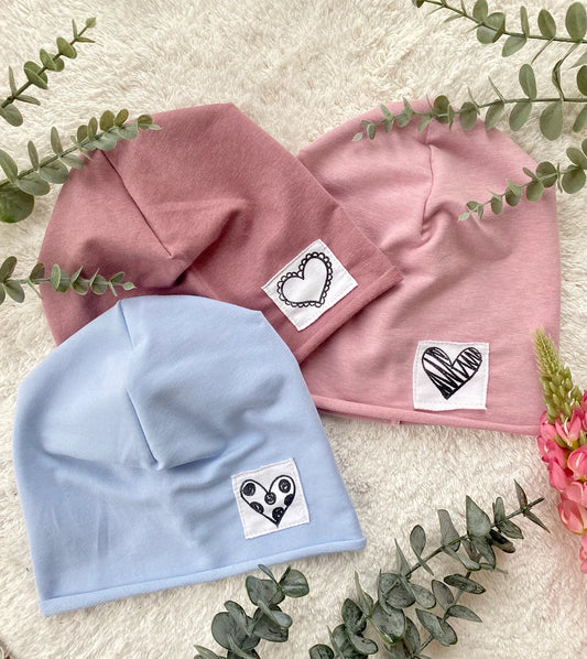 Dein Design | Roll-Up Sommer Beanie | Herz | Used-Look Label | Melierte Farben