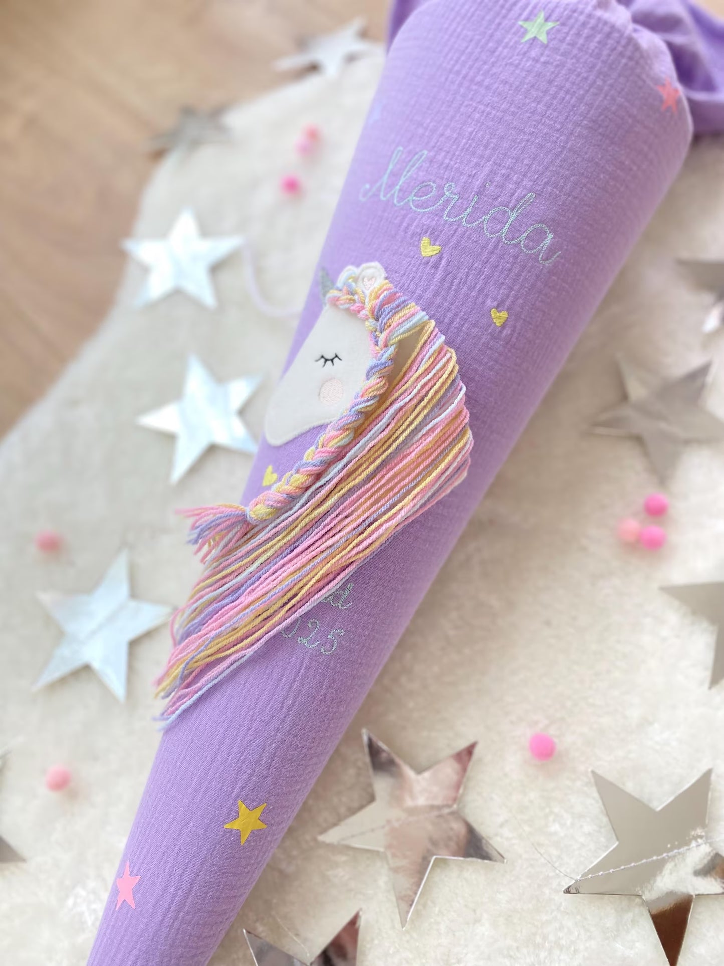Musselin Schultüte 70 cm für Mädchen – Einhorn mit Regenbogenmähne in Pastellfarben