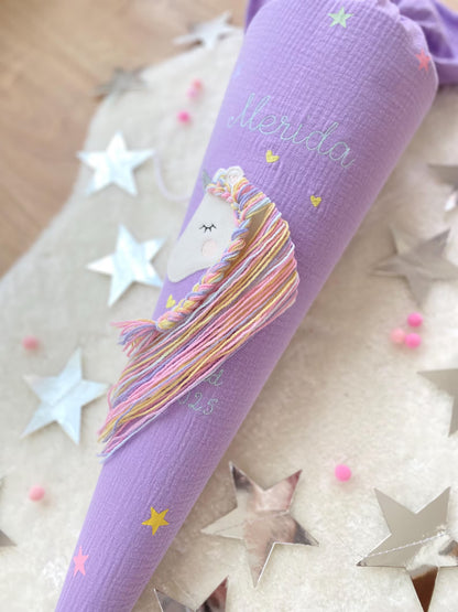 Musselin Schultüte 70 cm für Mädchen – Einhorn mit Regenbogenmähne in Pastellfarben