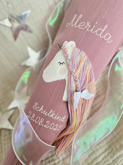 Musselin Schultüte 70 cm | Einhorn Regenbogenmähne optinal mit Kisseninlett