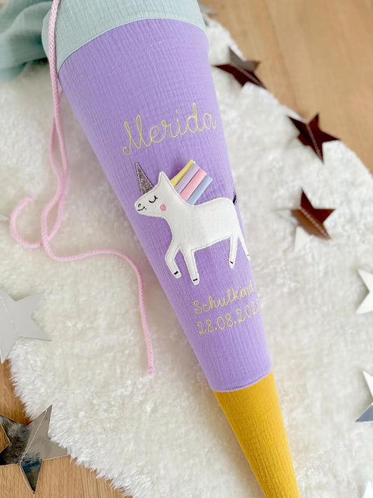 Musselin Schultüte | Einhorn Regenbogenmähne 70 cm | Kissen Inlett