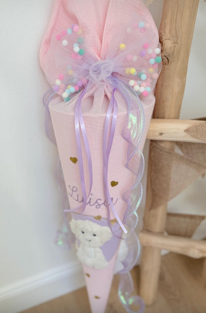 Pompon-Tüllschleife, Flieder mit Holoband, Schleife passend für Schultüten ab 70 cm, Kita- & Geschwistertüten ab 35 cm
