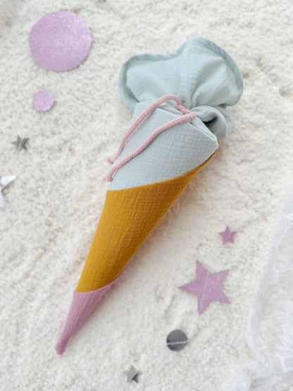 Musselin Kita- & Geschwistertüte 35 cm, Bonbon Design Unifarben für Junge und Mädchen, optional mit Inlettkissen