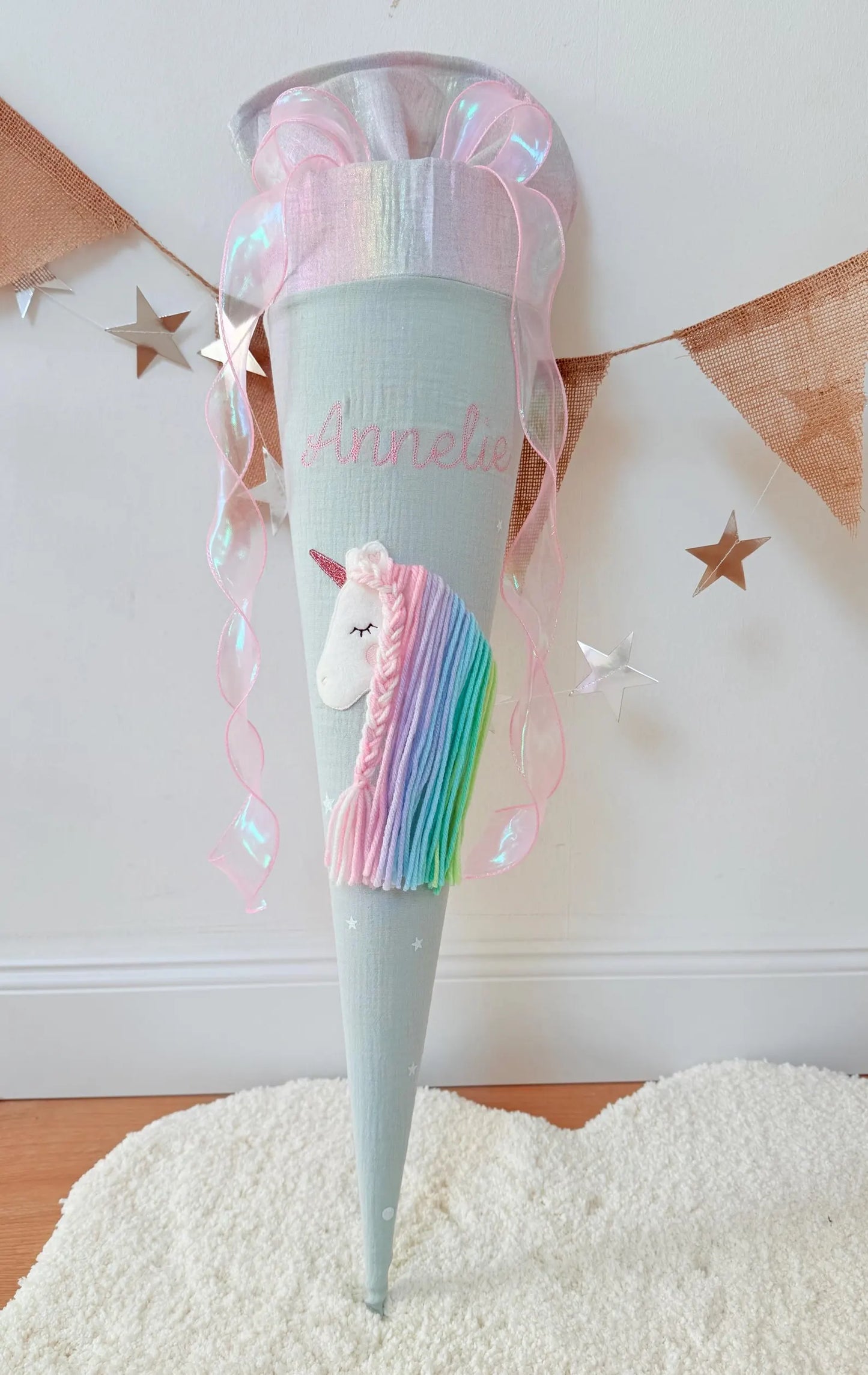 Musselin Schultüte für Mädchen Einhorn Regenbogen – personalisiert inkl. Rohling optional mit Inlett Kissen | Schultüte aus Stoff