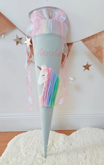 Musselin Schultüte für Mädchen Einhorn Regenbogen – personalisiert inkl. Rohling optional mit Inlett Kissen | Schultüte aus Stoff