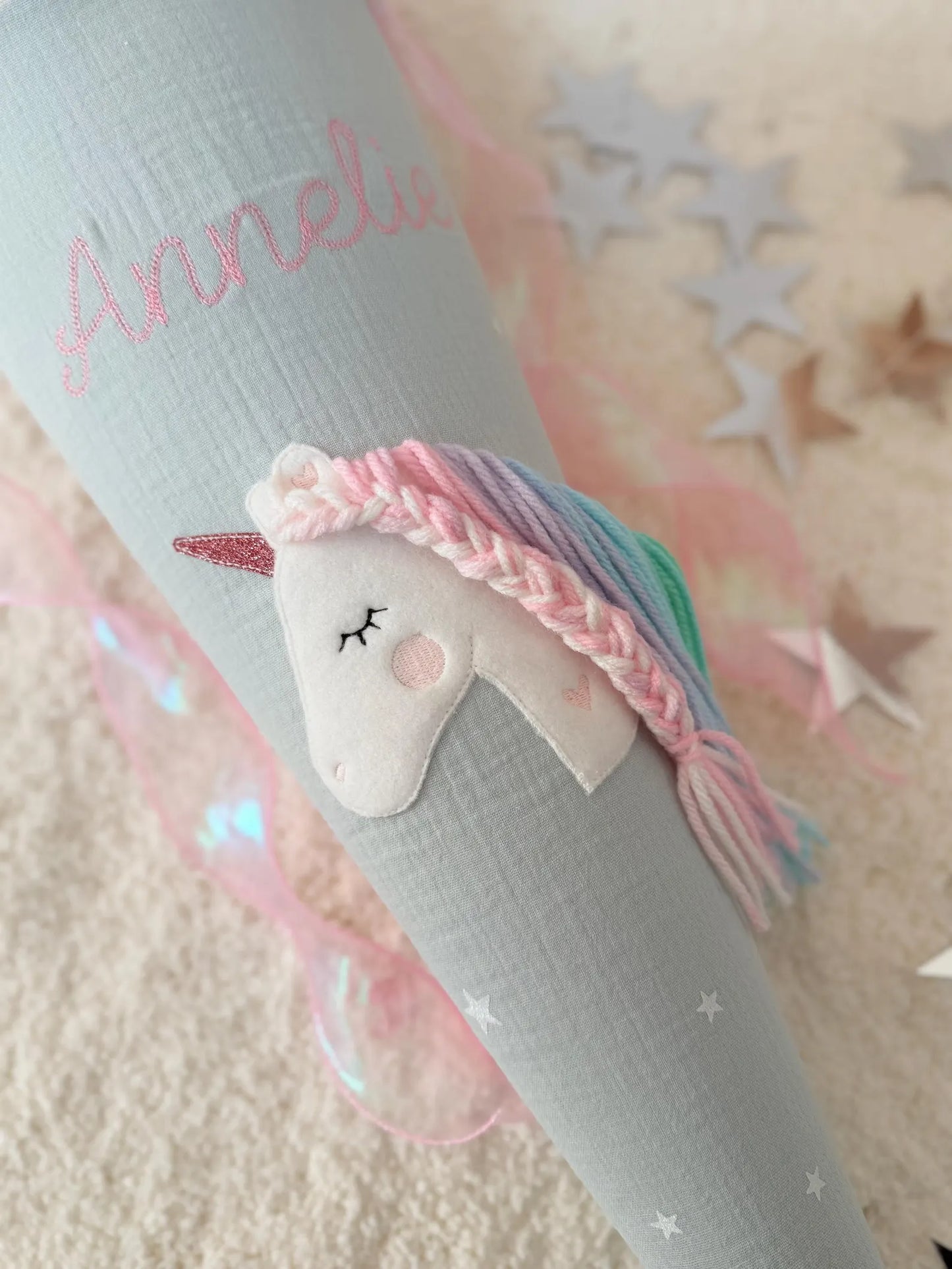 Musselin Schultüte für Mädchen Einhorn Regenbogen – personalisiert inkl. Rohling optional mit Inlett Kissen | Schultüte aus Stoff