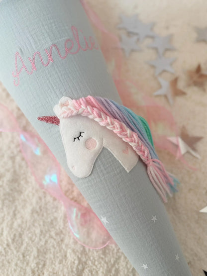 Musselin Schultüte für Mädchen Einhorn Regenbogen – personalisiert inkl. Rohling optional mit Inlett Kissen | Schultüte aus Stoff