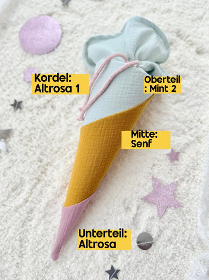 Musselin Kita- & Geschwistertüte 35 cm, Bonbon Design Unifarben für Junge und Mädchen, optional mit Inlettkissen