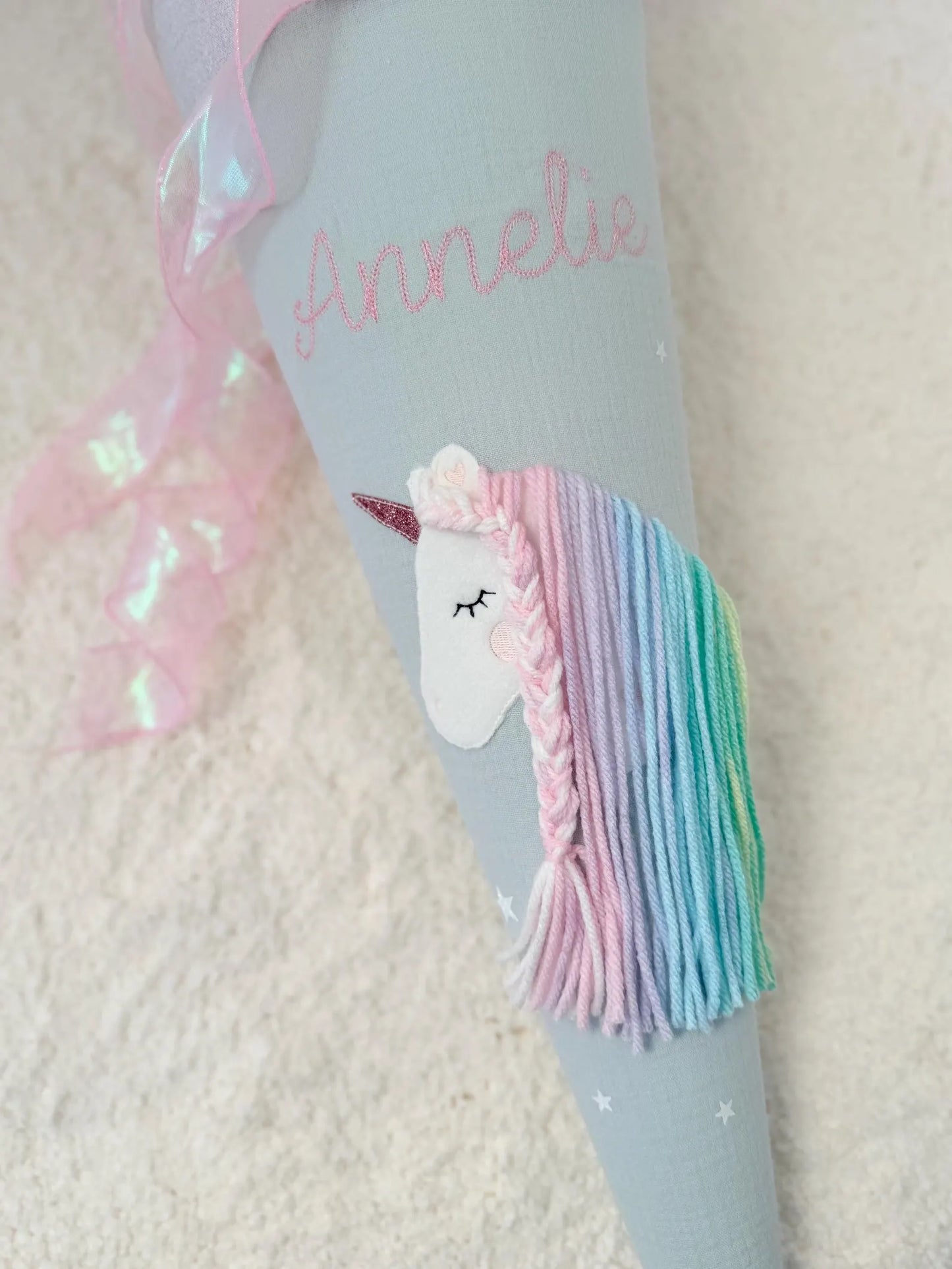 Musselin Schultüte für Mädchen Einhorn Regenbogen – personalisiert inkl. Rohling optional mit Inlett Kissen | Schultüte aus Stoff