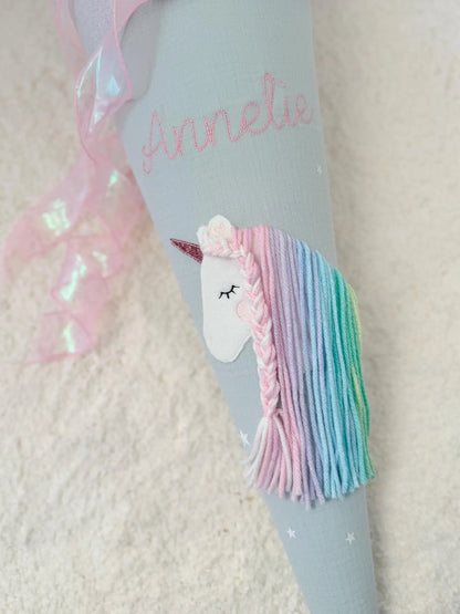 Musselin Schultüte für Mädchen Einhorn Regenbogen – personalisiert inkl. Rohling optional mit Inlett Kissen | Schultüte aus Stoff