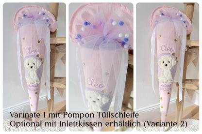 Musselin Schultüte für Mädchen 70 cm mit weißem Hund, Welpe zur Einschulung mit Kisseninlett