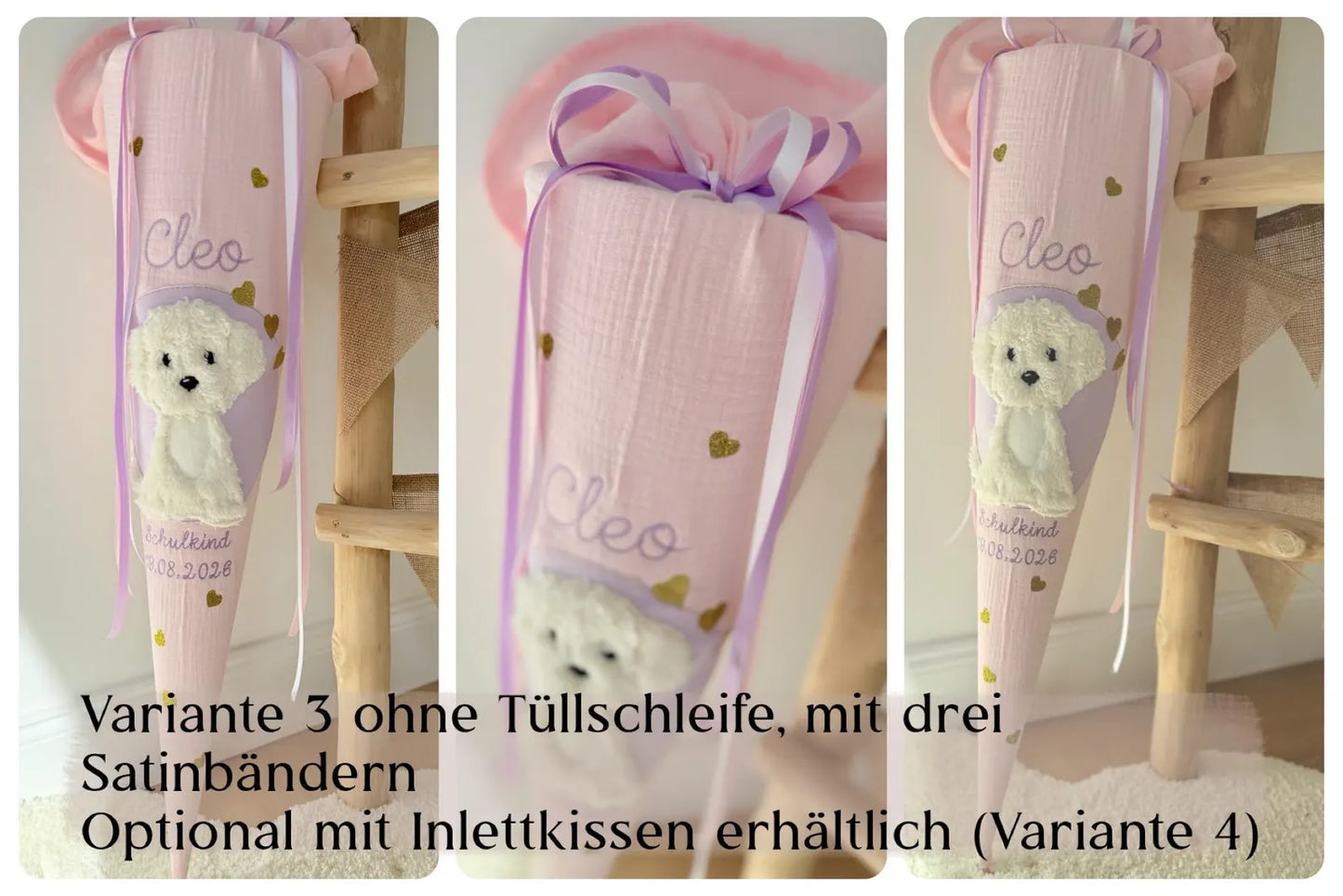 Musselin Schultüte für Mädchen 70 cm mit weißem Hund, Welpe zur Einschulung mit Kisseninlett