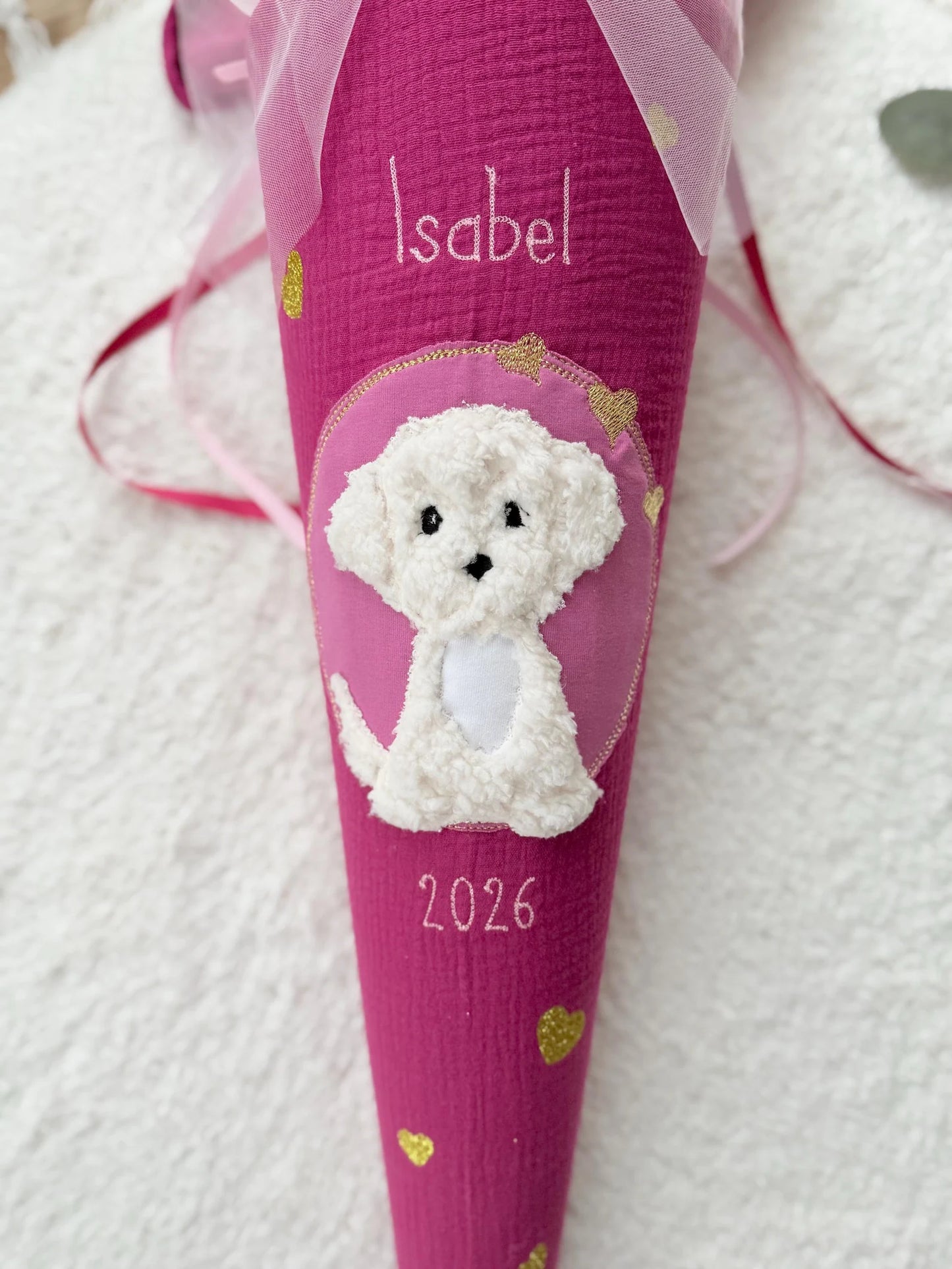 Musselin Schultüte 70 cm, Weißer Hund Welpe inklusive Pompon-Tüllschleife optional Kissen-Inlett
