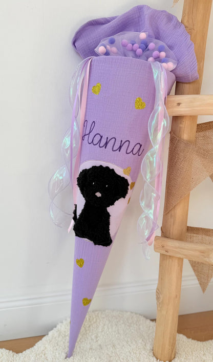 Lila/Rosa Tüllschleife - Pompon Schleife für Schultüte (70 cm), Kita- & Geschwistertüten (35 cm)