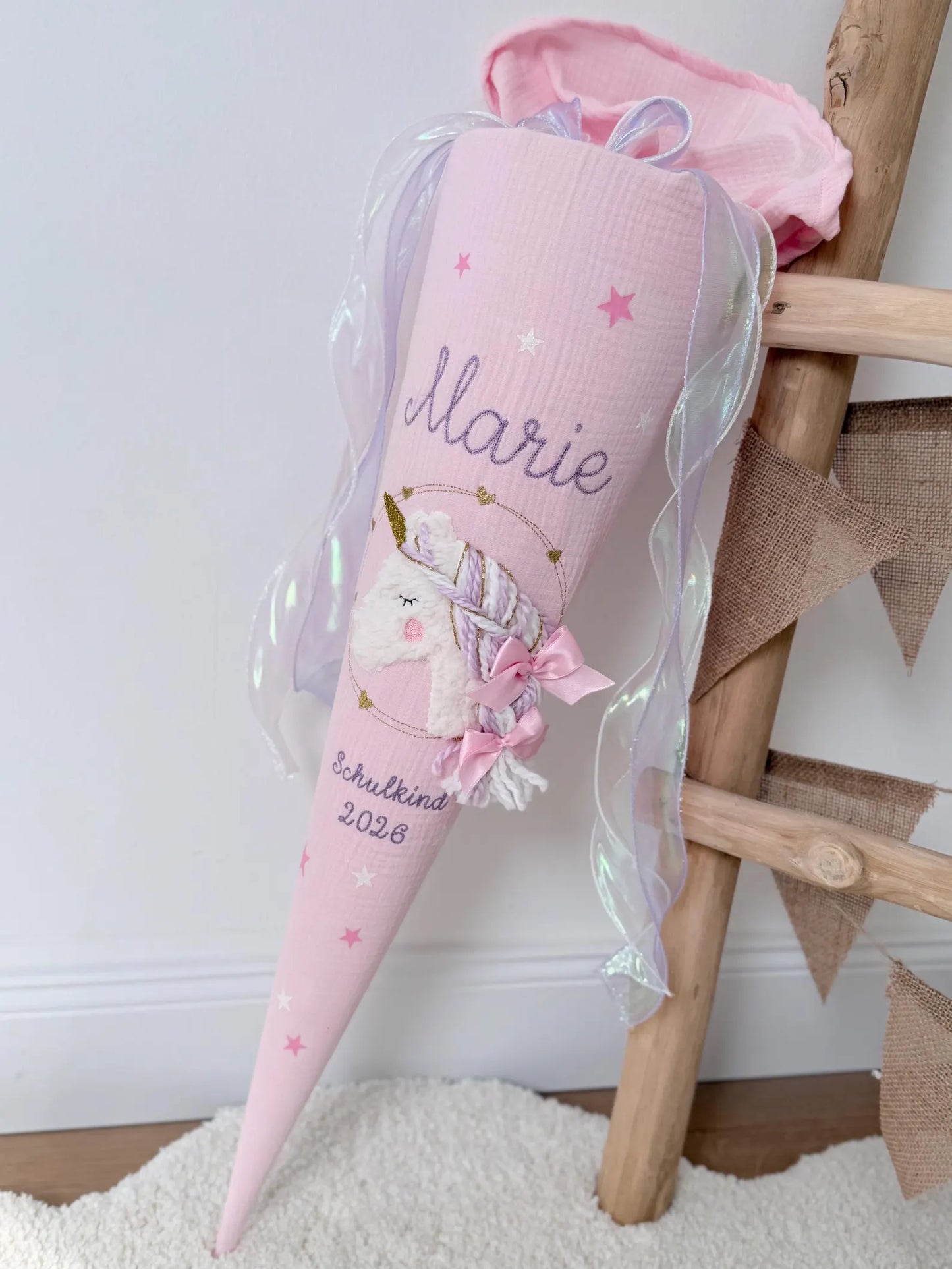 Musselin Schultüte für Mädchen Wuschelkopf Einhorn  – personalisiert inkl. Rohling optional mit Inlett Kissen | Schultüte aus Stoff