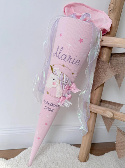 Musselin Schultüte für Mädchen Wuschelkopf Einhorn  – personalisiert inkl. Rohling optional mit Inlett Kissen | Schultüte aus Stoff