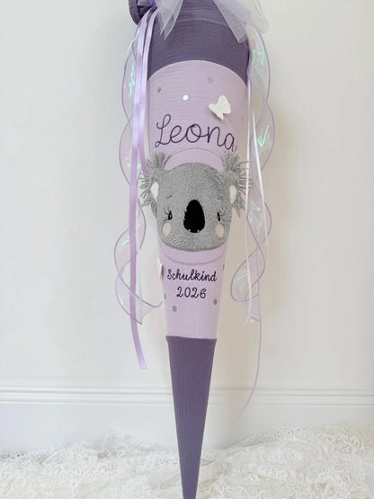 Musselin Schultüte für Mädchen 70cm, Koala mit Schmetterlingen – personalisiert inkl. Rohling optional mit Inlett Kissen | Schultüte aus Stoff