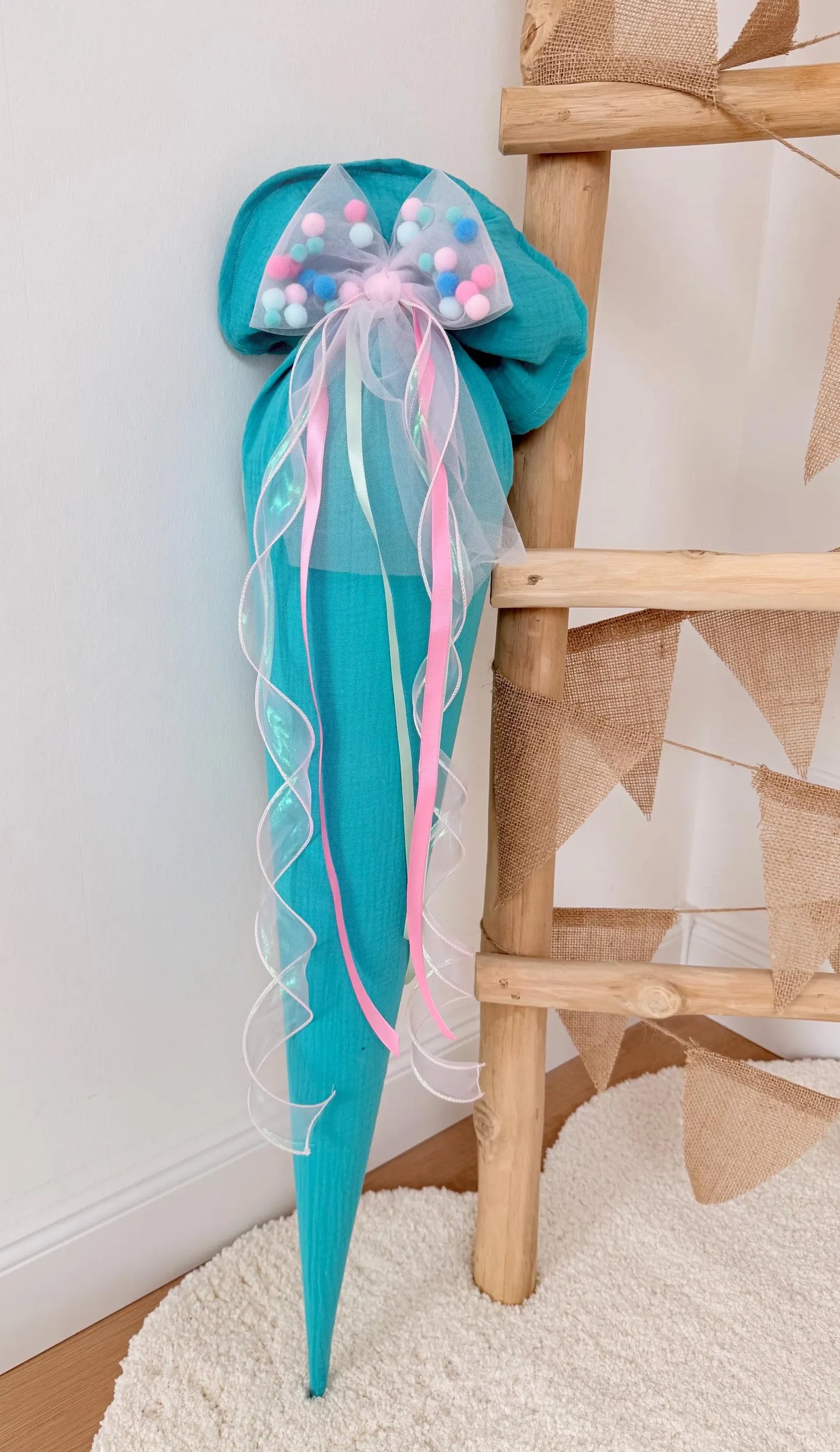 Rosa/Mint Tüllschleife - Pompon Schleife für Schultüte (70 cm), Kita- & Geschwistertüten (35 cm)
