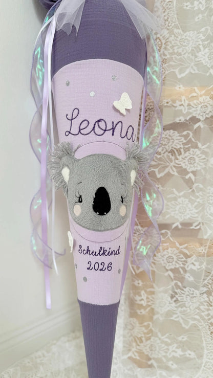 Musselin Schultüte für Mädchen 70cm, Koala mit Schmetterlingen – personalisiert inkl. Rohling optional mit Inlett Kissen | Schultüte aus Stoff