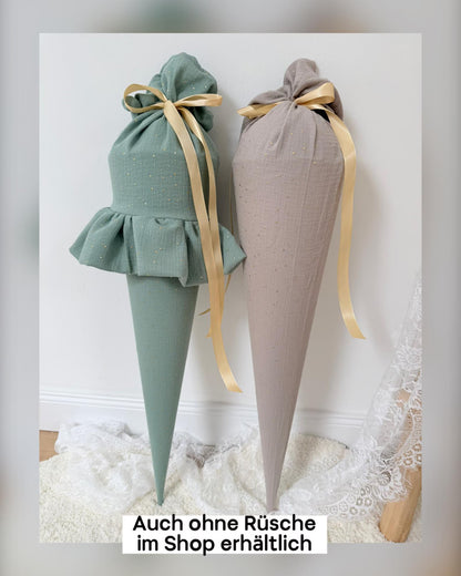 Musselin Schultüte mit Rüsche und goldenen Punkten 70 cm, viele Farben, personalisierbar, Kisseninlett optional