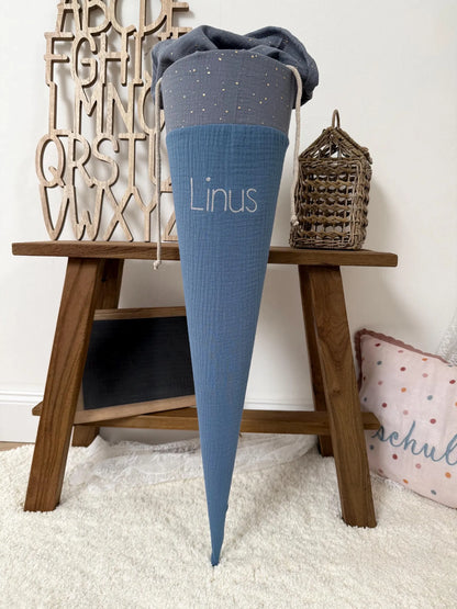 Musselin Stoffschultüte 70 cm – personalisierbar, individuelle Farbauswahl, goldene Punkte, Kisseninlett für Jungen und Mädchen