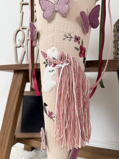 Musselin Schultüte 70 cm Vintage Design, Boho | Blumenkranz Einhorn mit Schmetterlingen | Mädchen | Einschulung