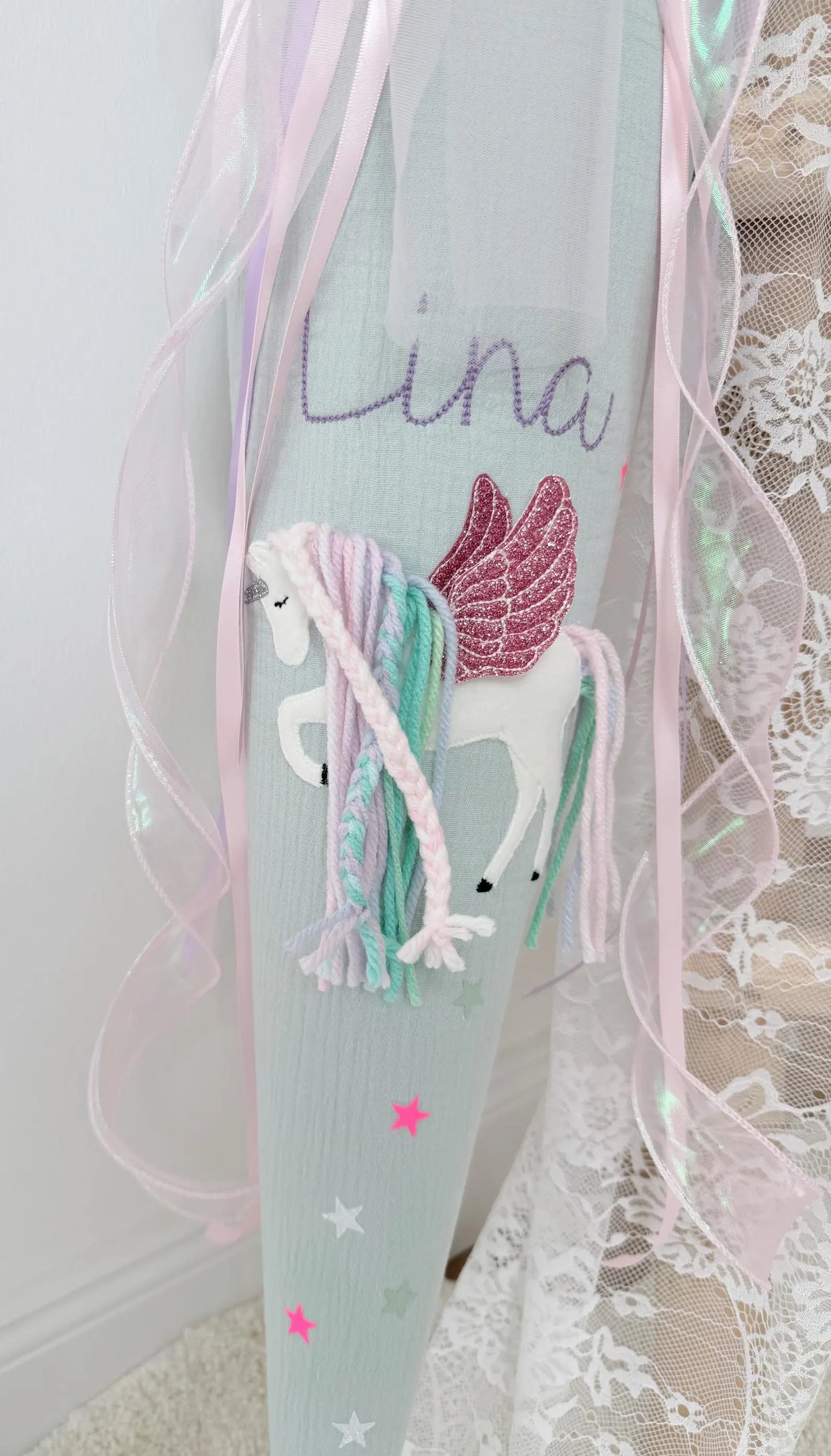 Musselin Schultüte 70 cm Kita/Geschwistertüte 35 cm | Einhorn mit Flügeln, Pegasus, optional mit Kissen Inlett