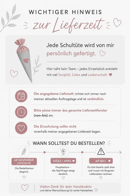 Musselin Schultüte 70 cm Mint, Rosa Herzen, Hund, Welpe zur Einschulung für Mädchen, optional mit Pompon-Tüllschleife und Kisseninlett